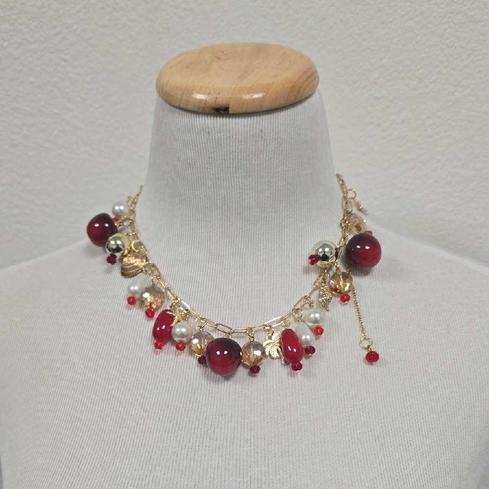 Elegant Gold and Red Beaded Necklace